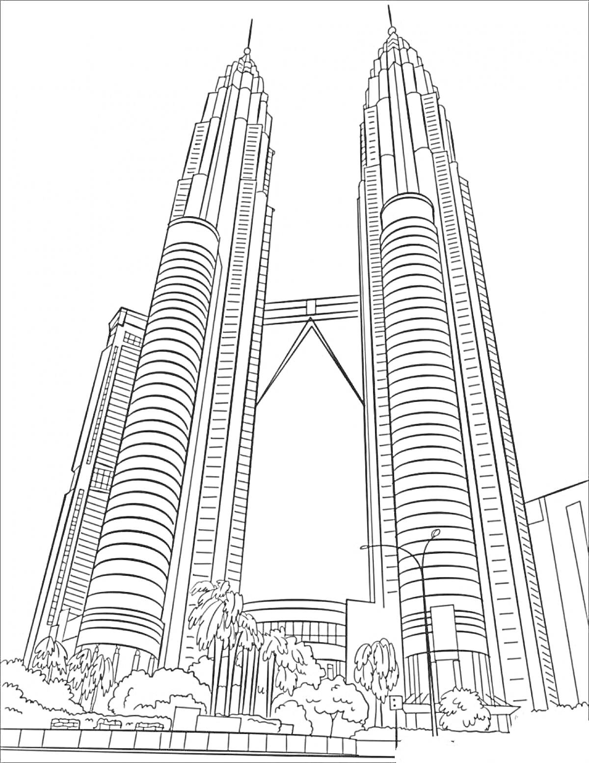 Раскраска Дубай: башни с мостом, небоскребы, деревья, улица с фонарями