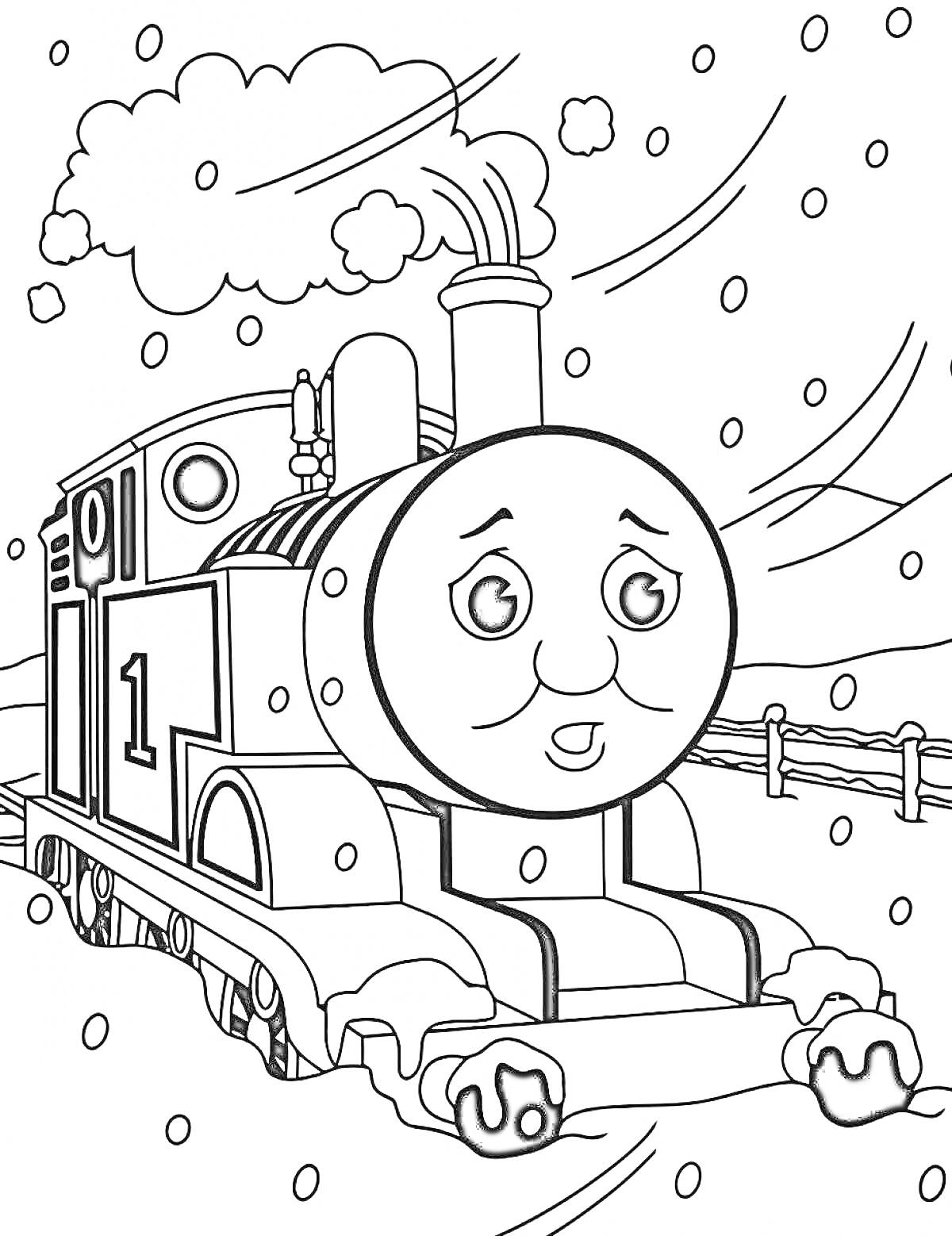 На раскраске изображено: Паровозик Томас, Снег, Облака, Забор, Пар, Поезд, Зима, Для детей, Цифра 1