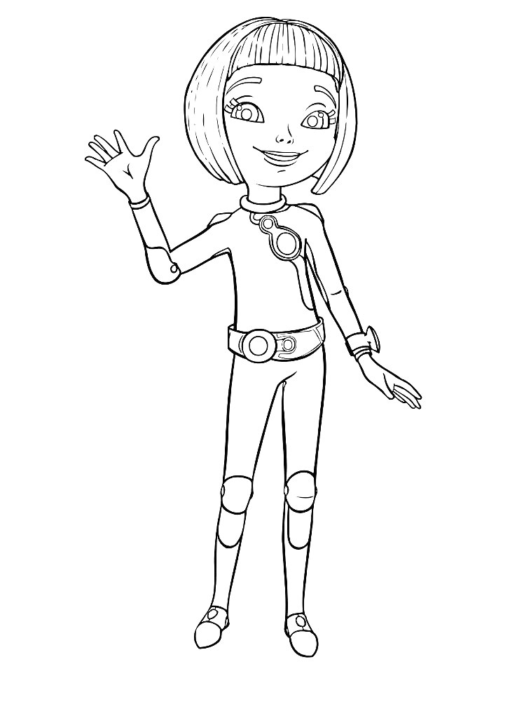 Девочка в космическом костюме с короткими волосами, машет рукой.