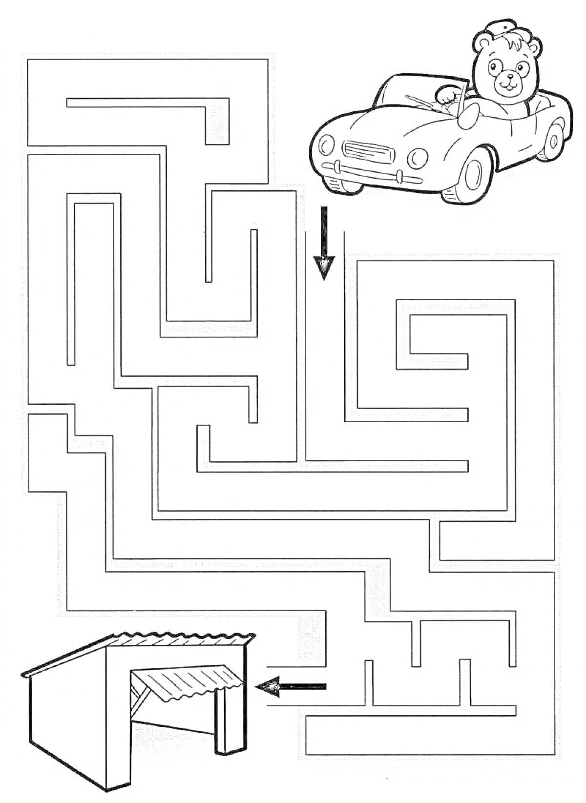 Раскраска Лабиринт «Медвежонок в машине и гараж»