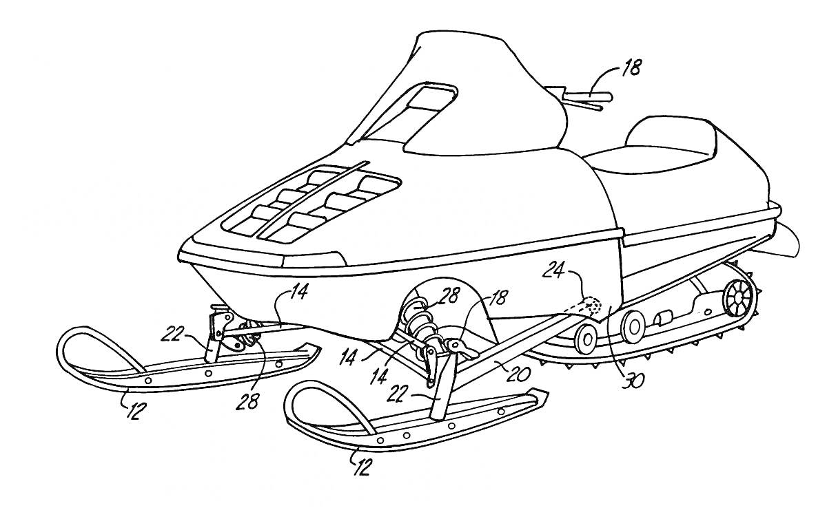 Схема снегохода с указанием всех элементов: корпус, сиденье, руль, передние лыжи, подвеска, амортизаторы, гусеницы.