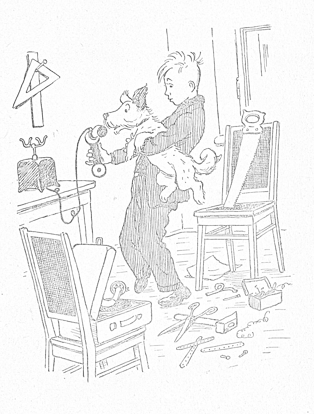 Раскраска Мальчик и собака в мастерской, с телефоном, стол и стул, инструменты на полу, полка и ковер