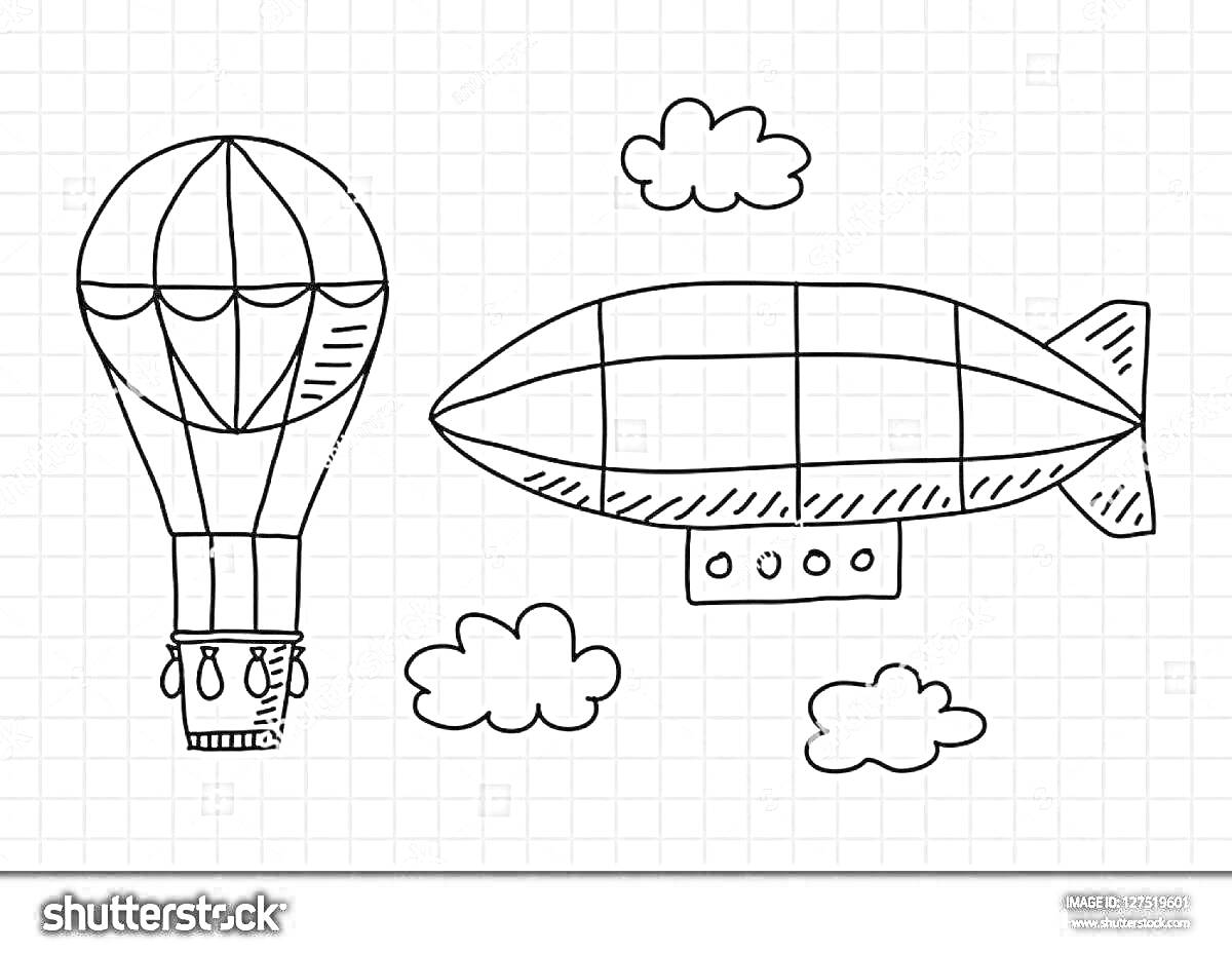 Раскраска Воздушный шар и дирижабль среди облаков на клетчатом фоне