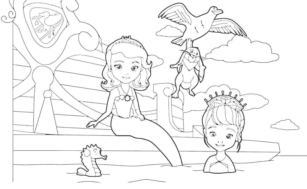 На раскраске изображено: Лодка, Морской конек, Корона, Из сказок, Для детей