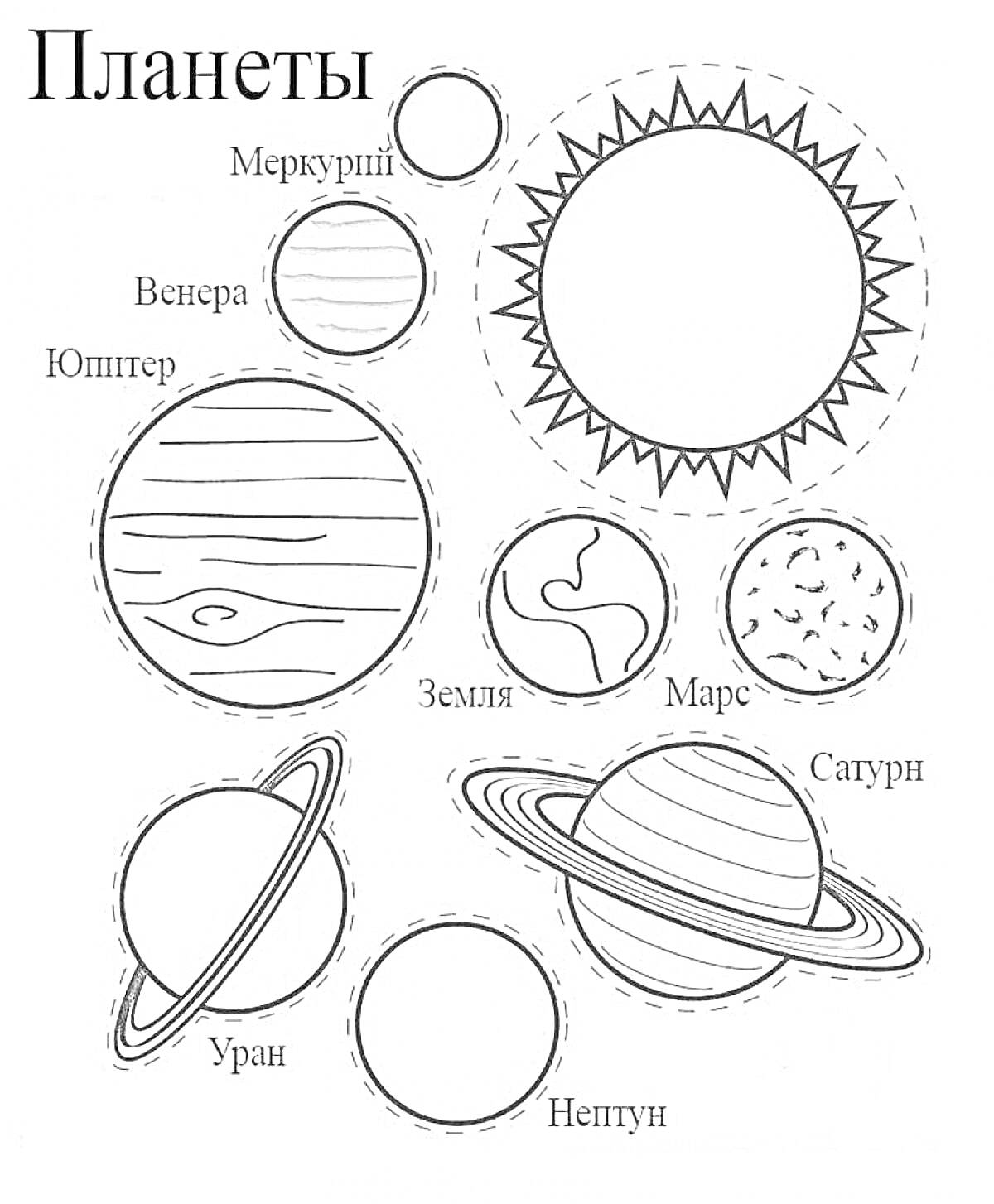 Раскраска Планеты солнечной системы. Изображены солнце и планеты: Меркурий, Венера, Земля, Марс, Юпитер, Сатурн, Уран, Нептун.