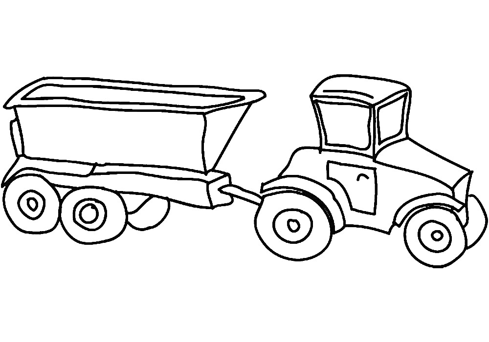На раскраске изображено: Трактор, Прицеп, Сельскохозяйственная техника, Транспорт, Колеса, Для детей, Кабина водителя
