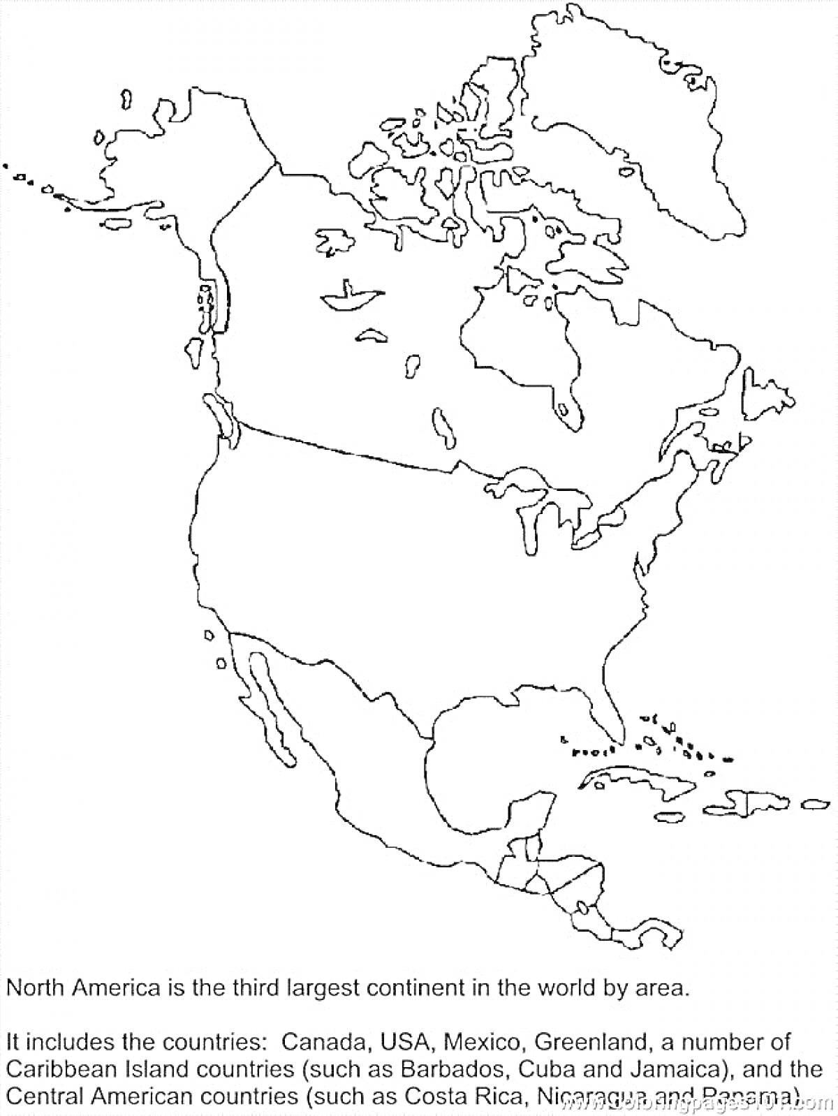 На раскраске изображено: Северная Америка, Карта, Государства, Канада, США, Мексика, Панама