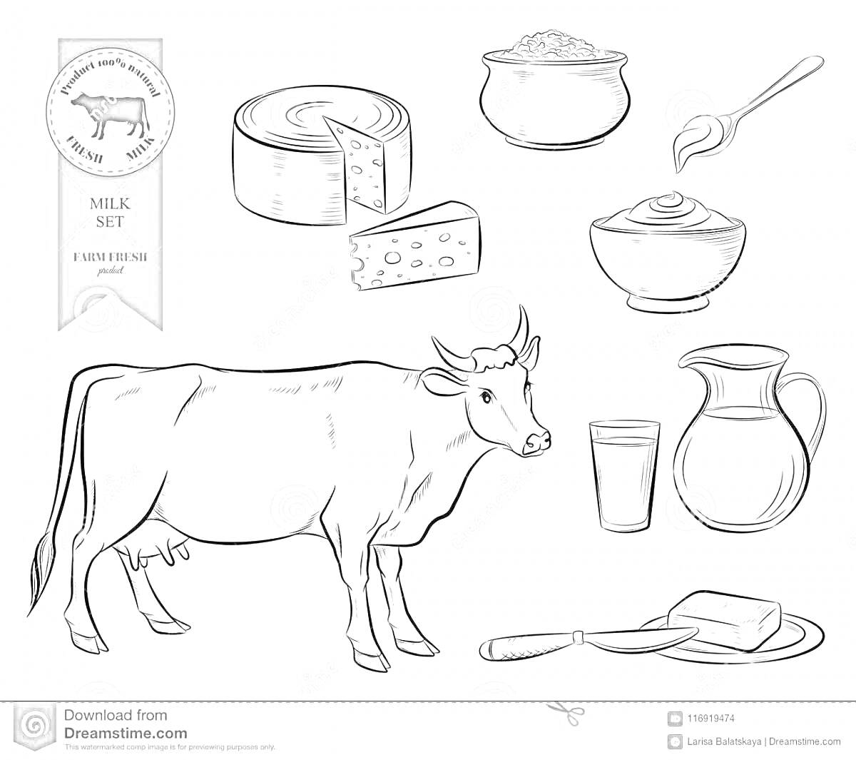 На раскраске изображено: Молочные продукты, Корова, Сыр, Творог, Йогурт, Стакан молока, Масло