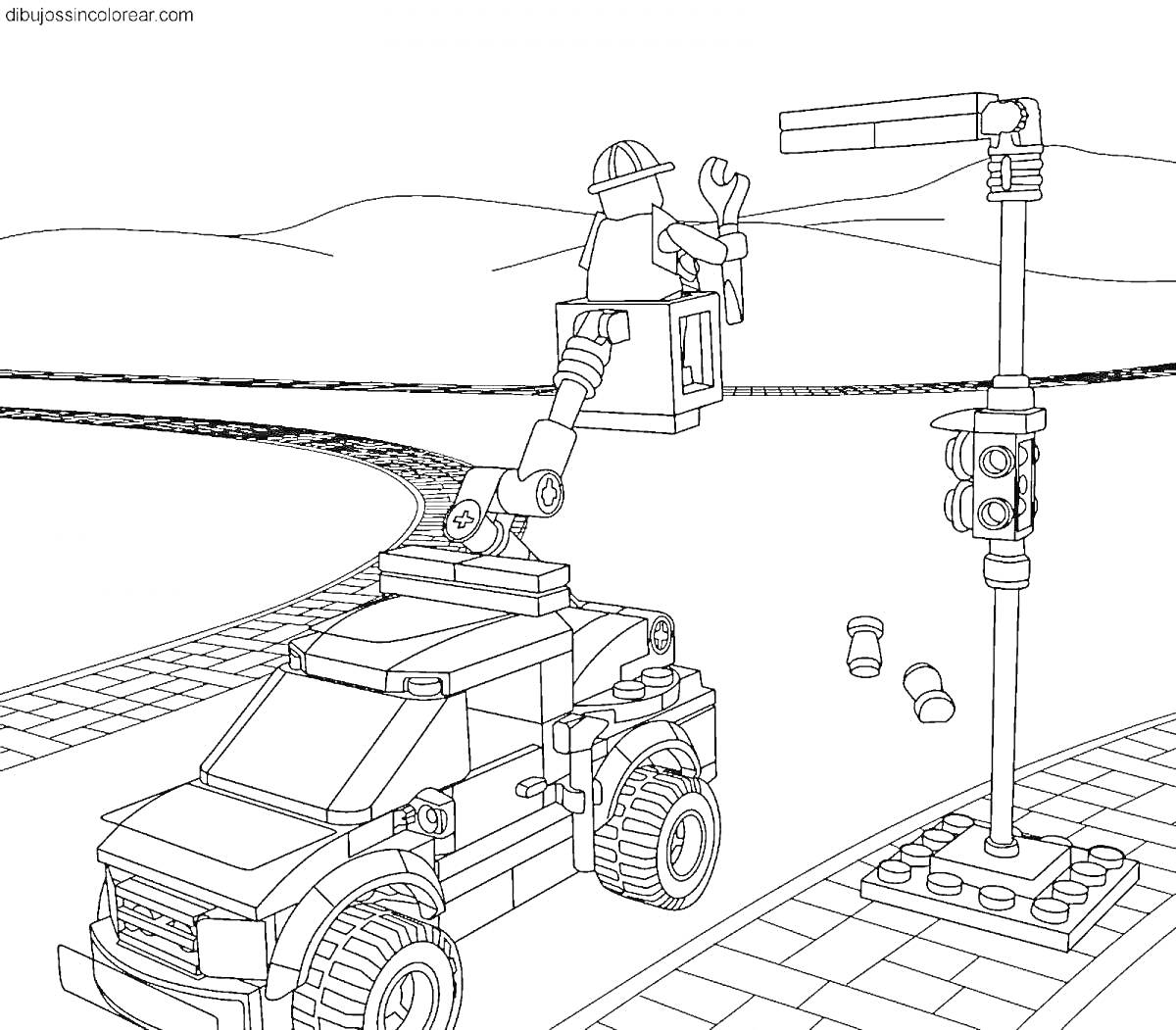 Раскраска Лего стройка - машина с подъемником, рабочий в каске, светофор, дорожные блоки