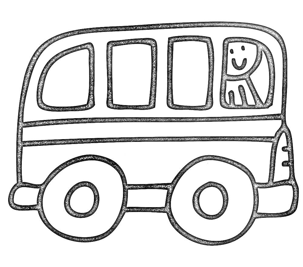 На раскраске изображено: Автобус, Транспорт, Колеса, Окна, Мальчик, Человек