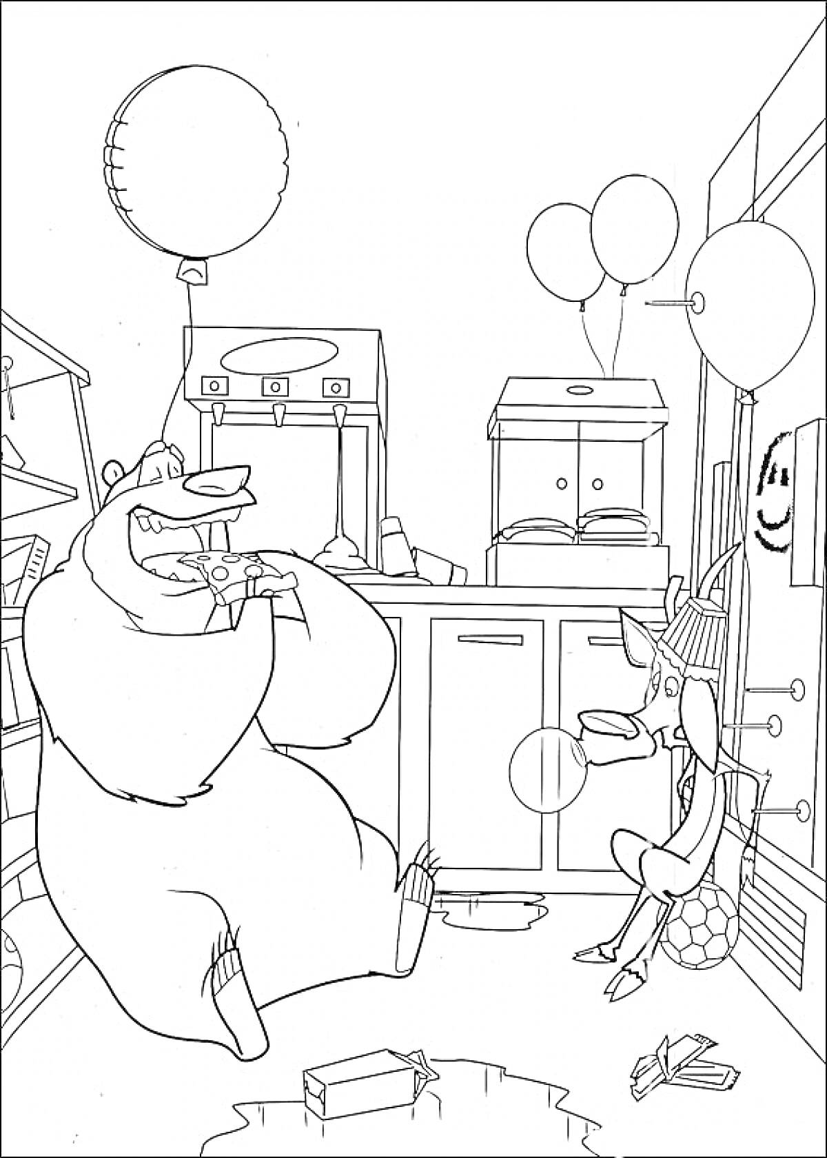 Медведь и олень в кухне с воздушными шарами и конфетами