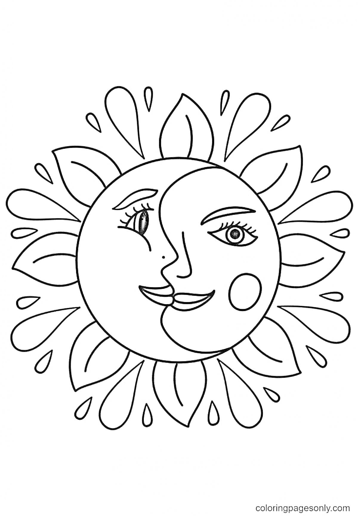 На раскраске изображено: Солнце, Луна, Лучи, Капли, Лицо