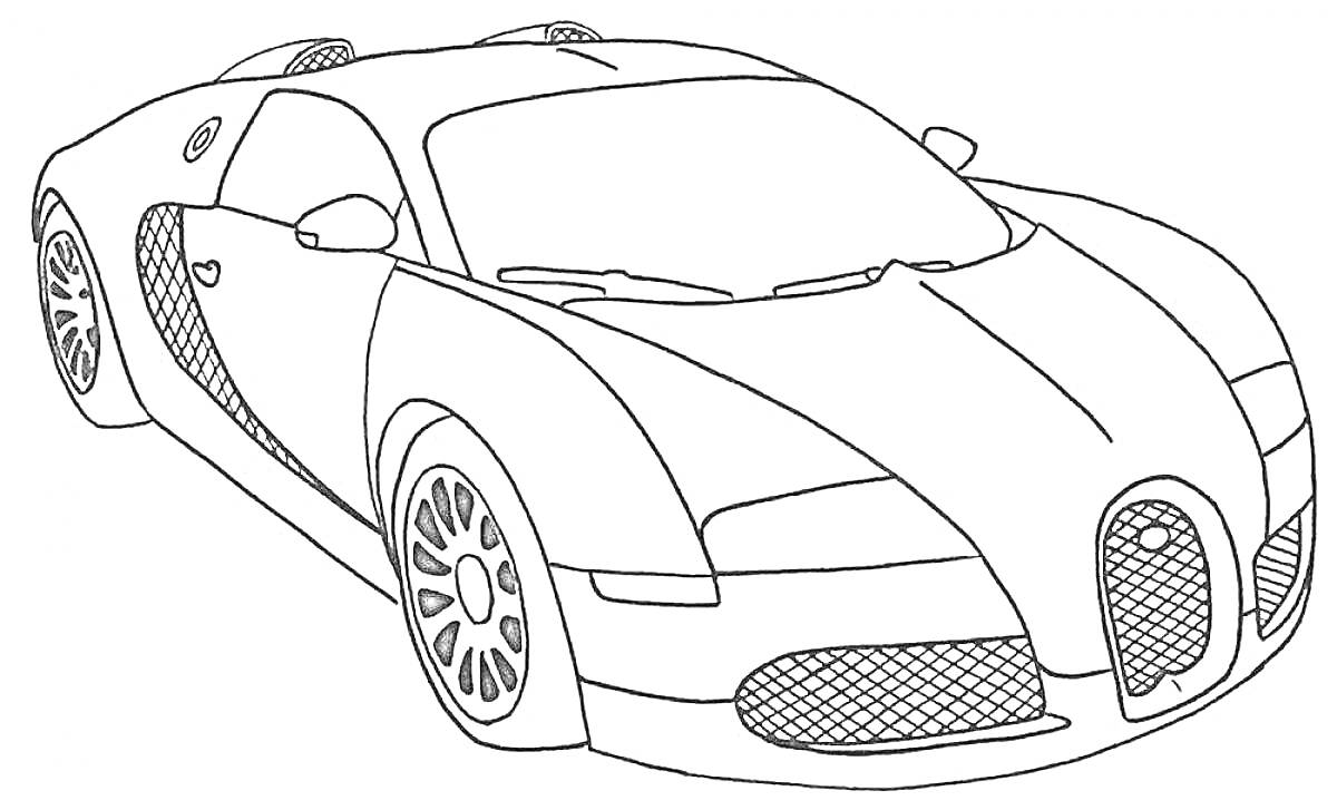 Раскраска Раскраска с гоночной машинкой на фоне, детализированная модель автомобиля с сетчатой решеткой, крупными колесами и аэродинамическими элементами
