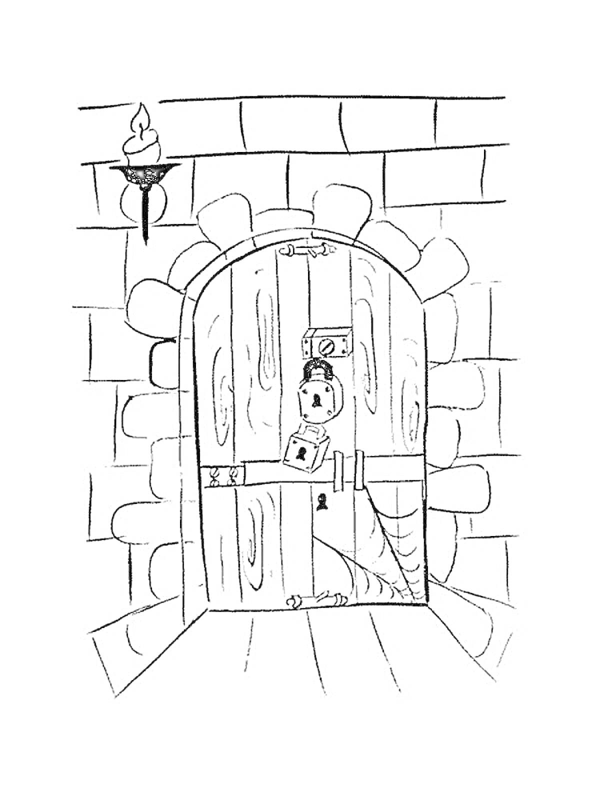 На раскраске изображено: Дверь, Замок, Факел, Каменная стена, Паутина, Деревянные доски, Подземелье