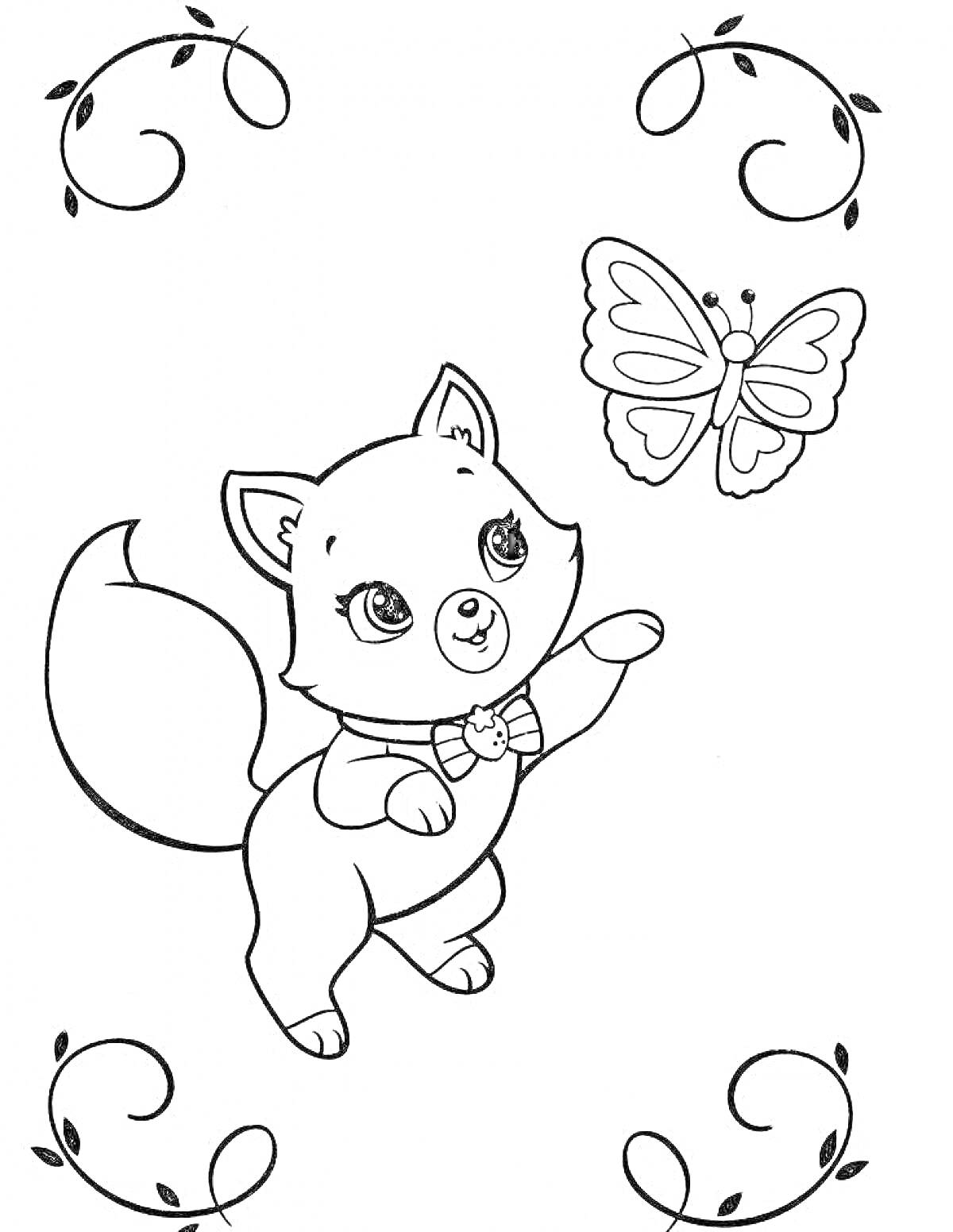 Раскраска Кошечка играет с бабочкой, украшенной рамкой из узоров