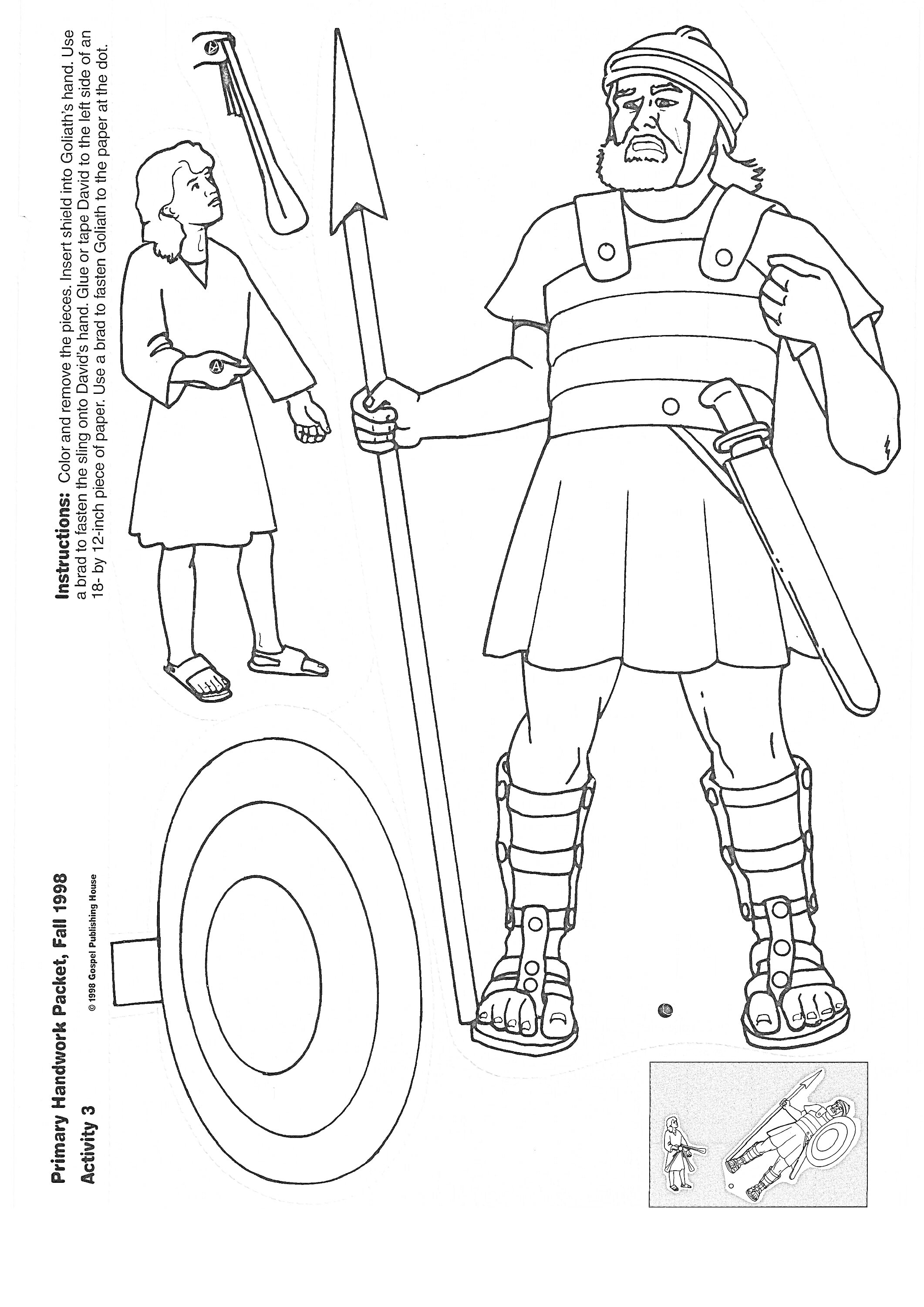 Раскраска Давид и Голиаф, Давид с пращой, Голиаф с копьем и мечом, щит Голиафа