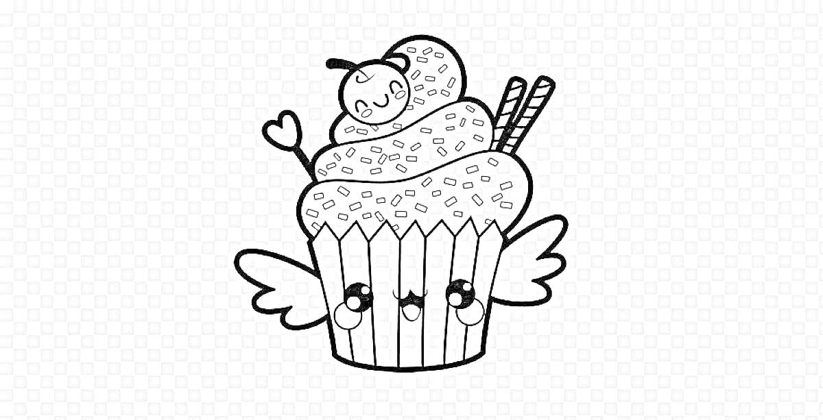 Раскраска Кексик с вишней, палочками, сердечком и крыльями