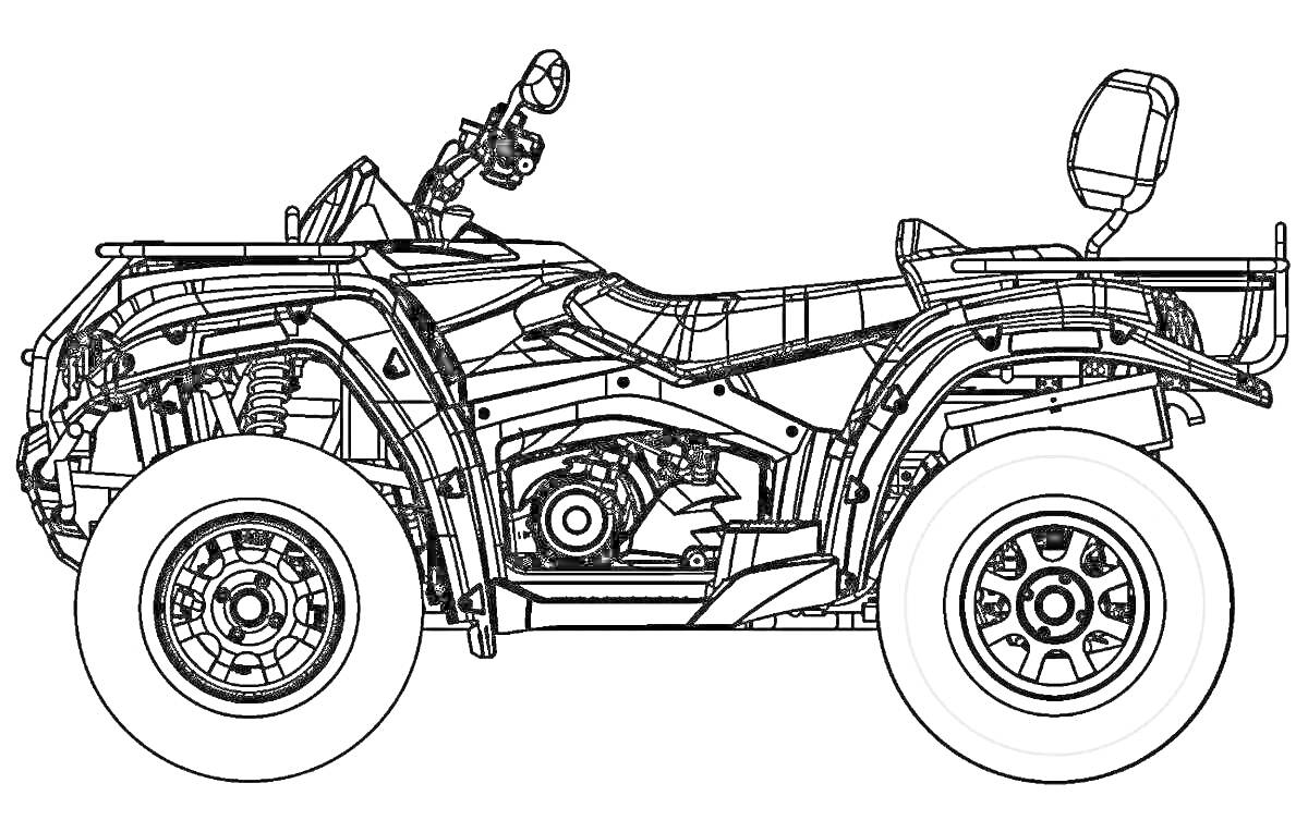 На раскраске изображено: Квадроцикл, Транспорт, Для мальчиков, Рама, Колёса, Зеркало заднего вида
