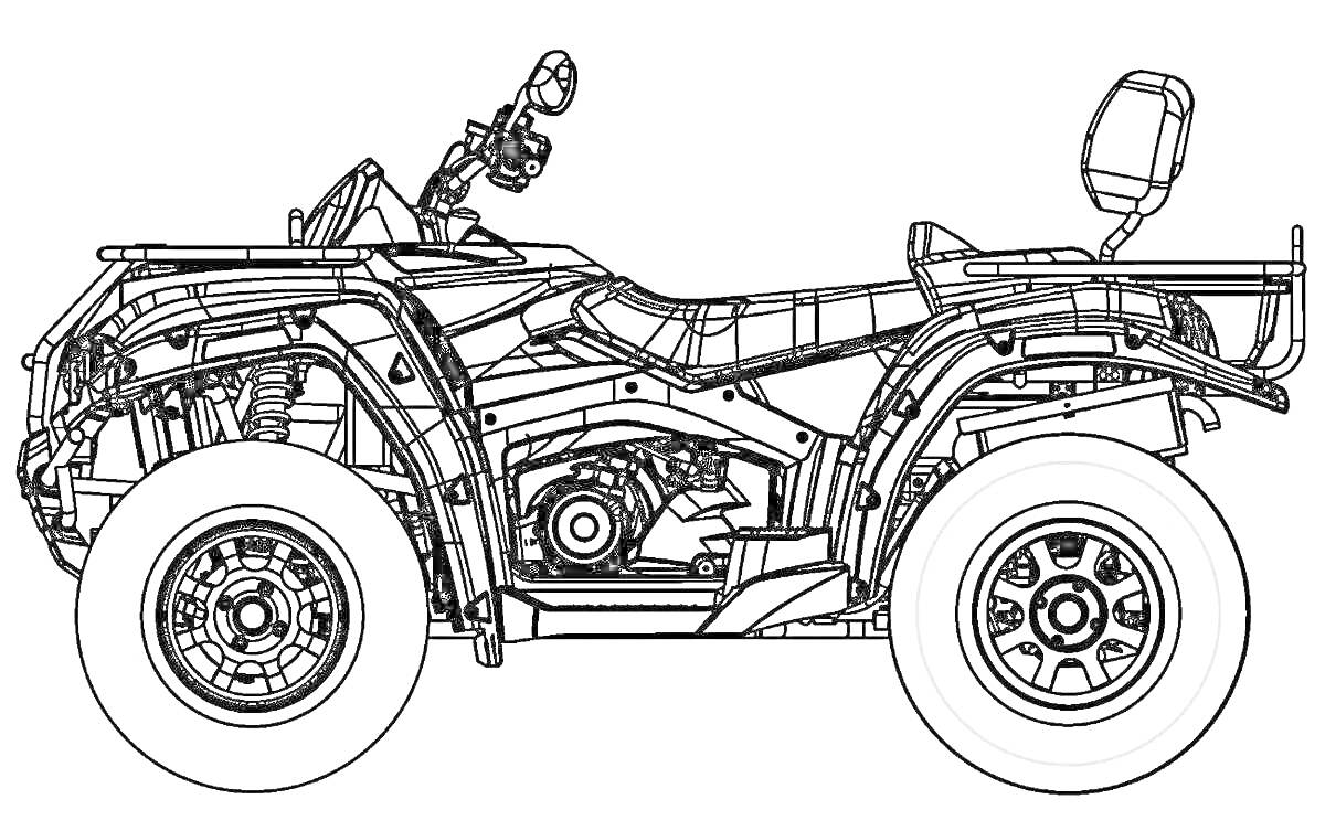 Раскраска квадроцикл с деталями рамы, колесами и зеркалом заднего вида