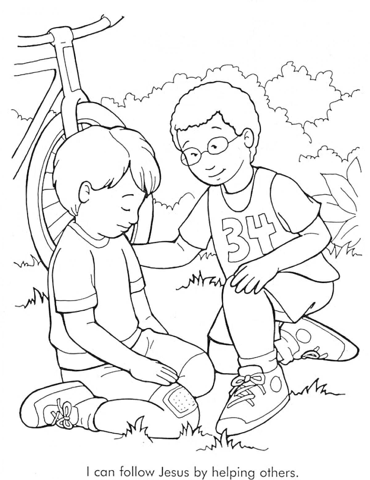 Раскраска Мальчик успокаивает другого мальчика с пластырем, сидящего на земле рядом с велосипедом