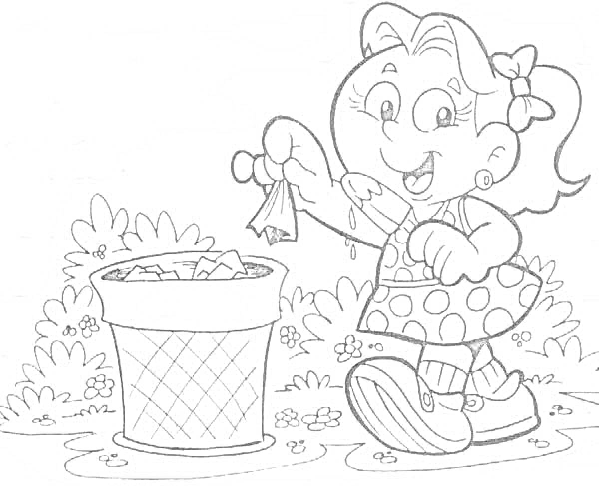 Девочка выбрасывает мусор в корзину на фоне кустов и цветов