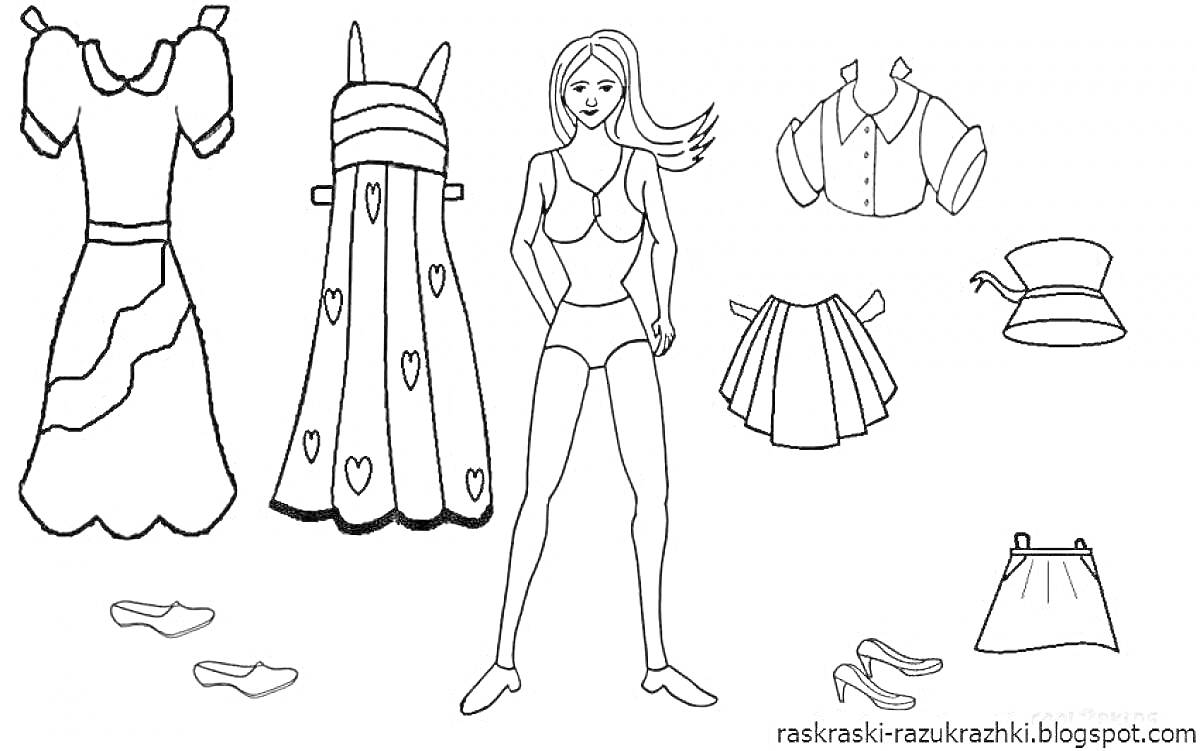 Раскраска Барби с платьями, юбкой, блузкой, туфлями и сумочкой