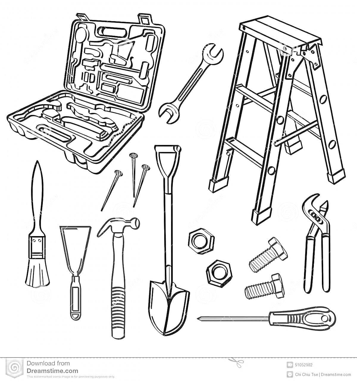 На раскраске изображено: Ящик для инструментов, Лестница, Шпатель, Молоток, Лопата, Плоскогубцы, Болты, Гаечный ключ, Отвертка, Рабочие инструменты