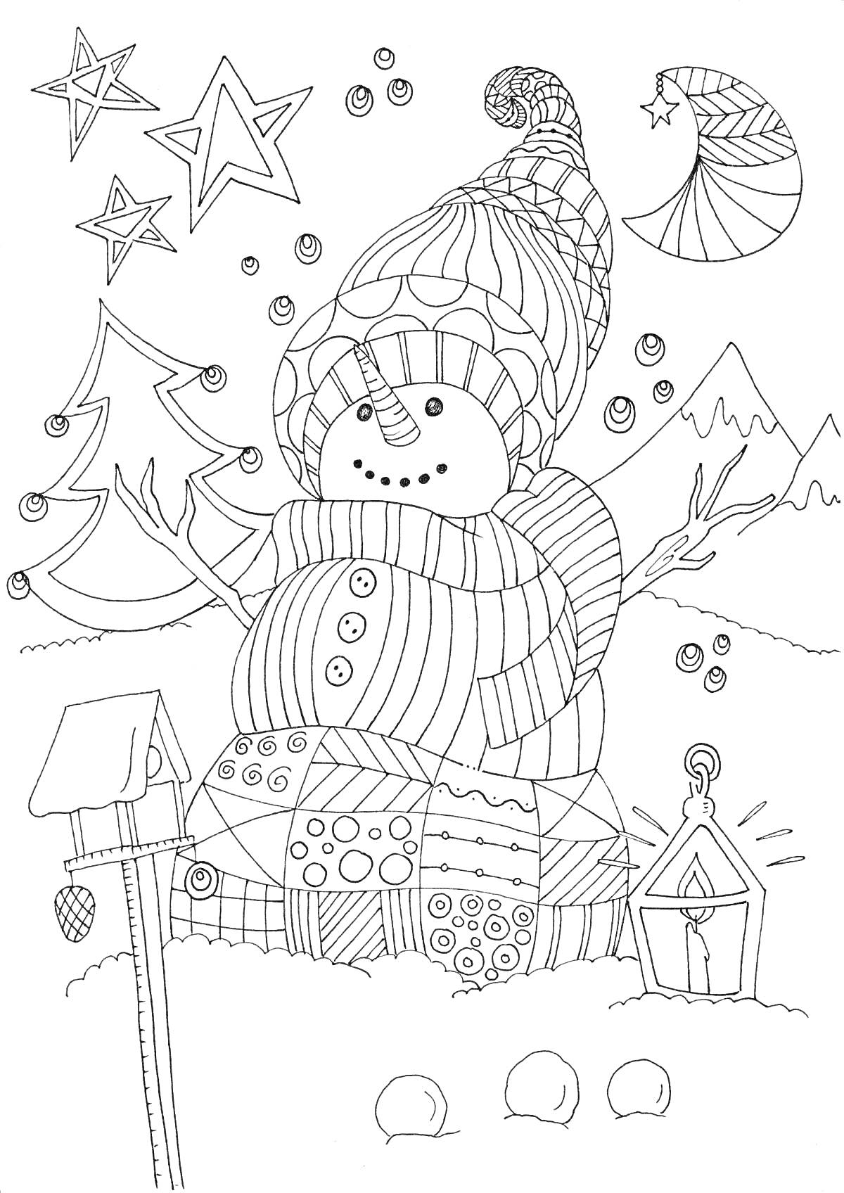 Раскраска Снеговик антистресс с узорами, звездочками, елкой, луной, кормушкой и фонарем на фоне гор