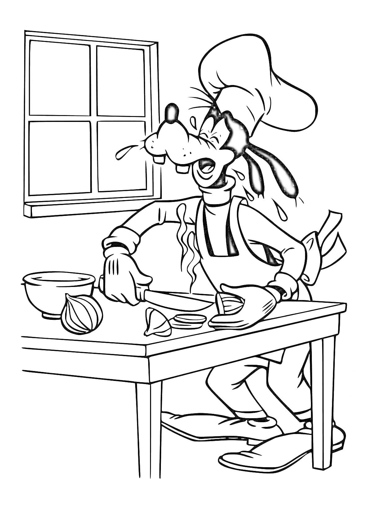 Раскраска Персонаж в шеф-поварском колпаке режет лук на кухне, рядом миска, окно на заднем плане