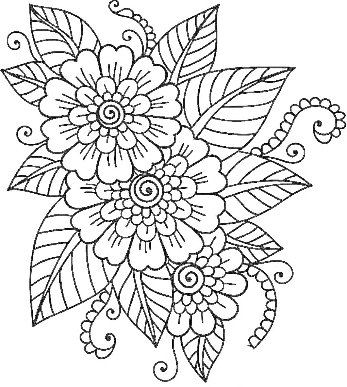 Раскраска Антистресс раскраска с цветочной композицией, включающей три цветка с деталями и узоры листьев и завитков.