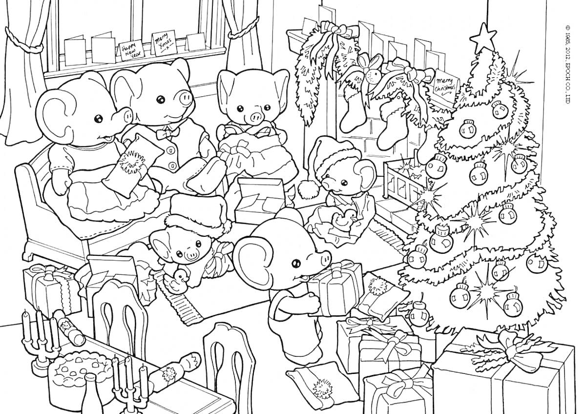 Раскраска Семья мышей празднует Рождество у ёлки с подарками и украшениями