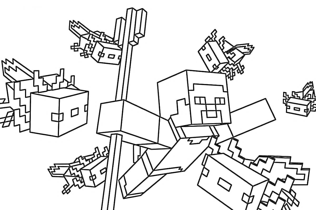 Раскраска Герой с трезубцем и летучие существа в мире Лего Майнкрафт