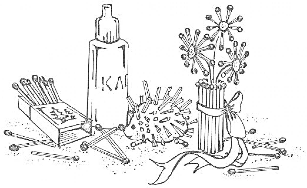 Раскраска Спички и поделки из спичек - спичечный ёжик, спичечный букет, спичечный коробок, клей