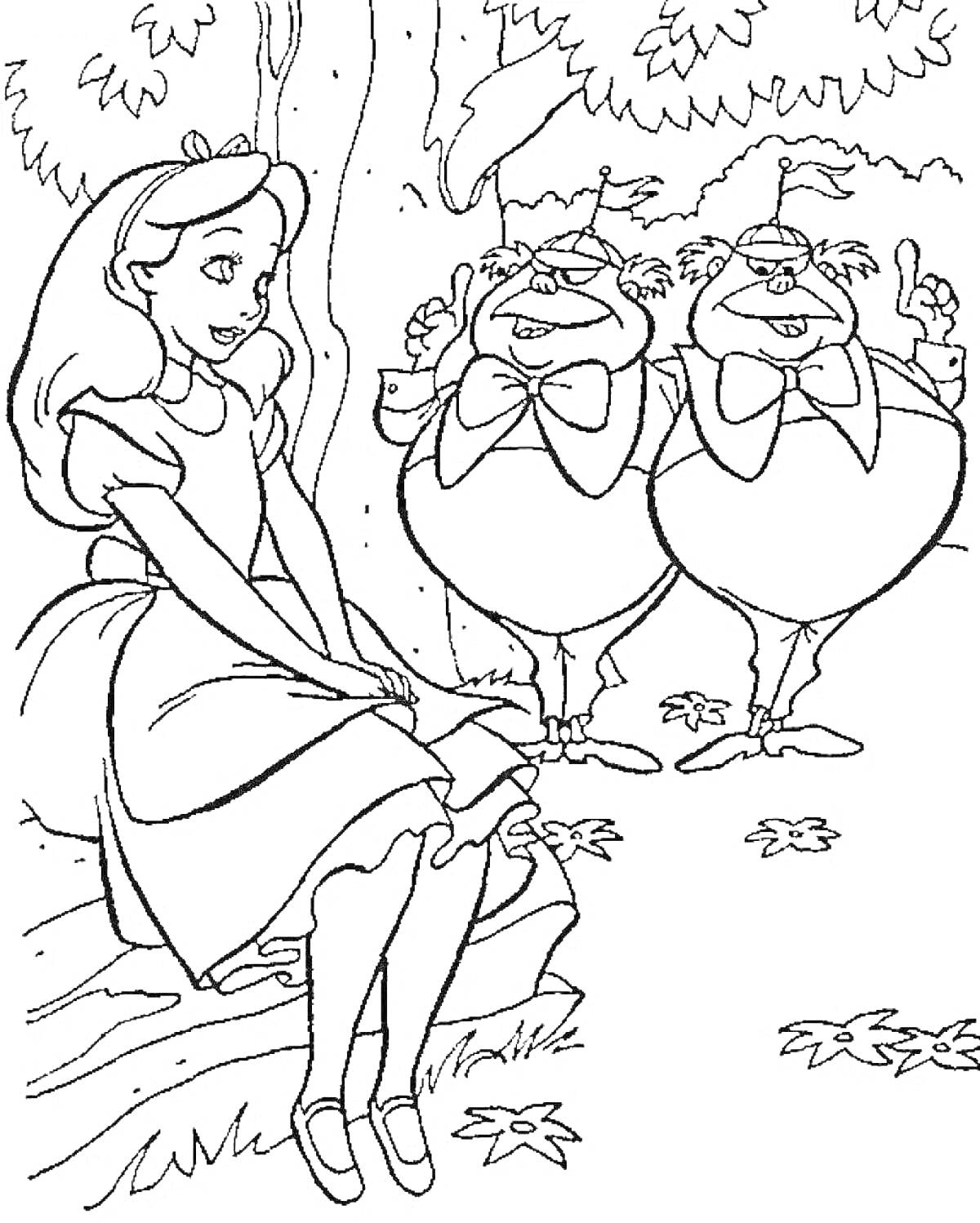 Раскраска Алиса в зазеркалье с Труляля и Траляля под деревьями