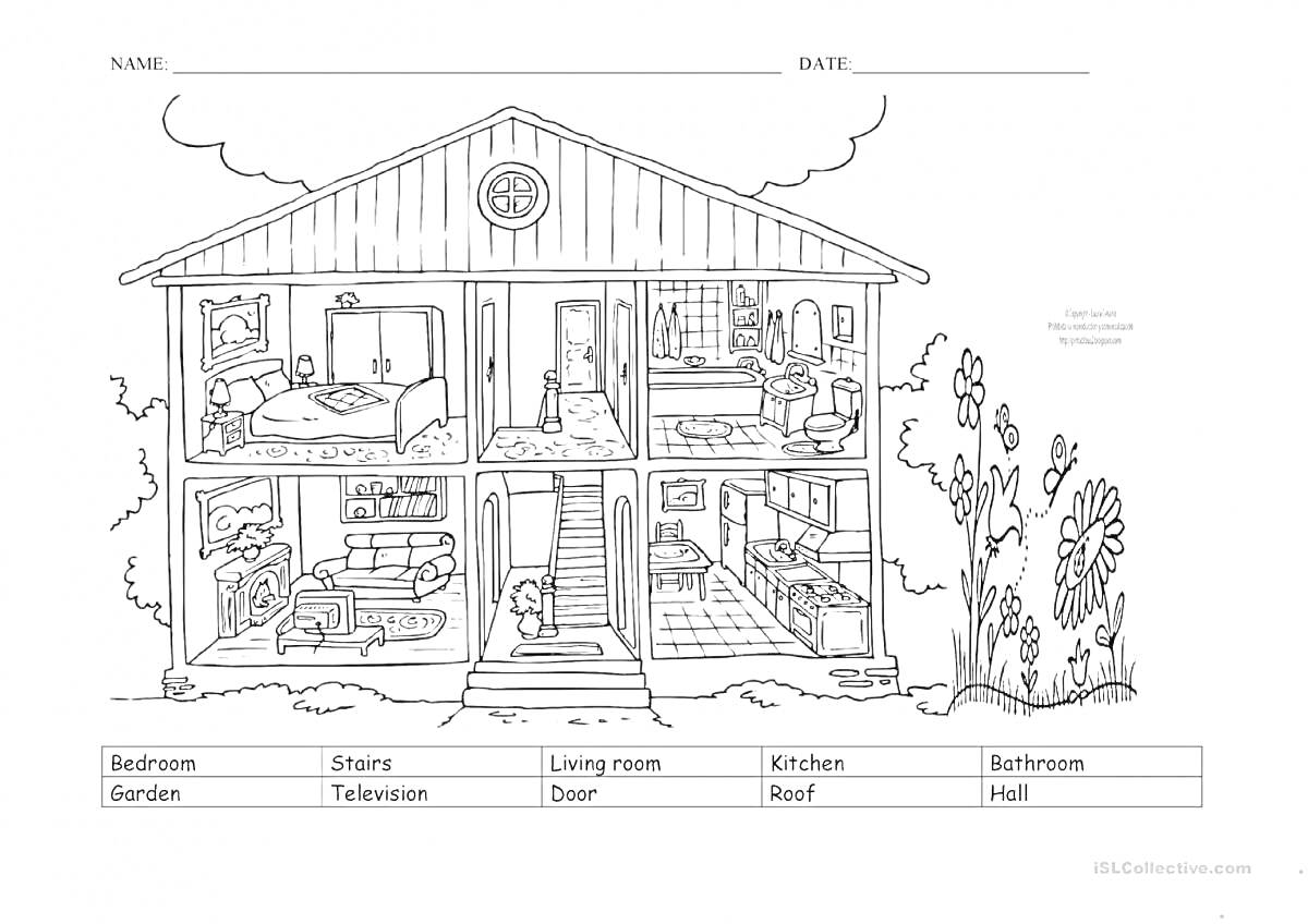 Раскраска Дом с комнатами и элементами внутри (спальня, сад, лестница, телеэкран, гостиная, дверь, крыша, кухня, ванная, стена).