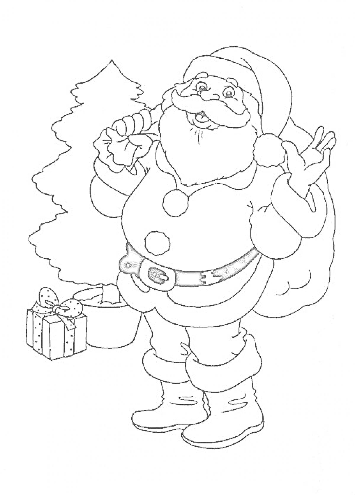 Санта Клаус у елки с мешком подарков и подарком в коробке