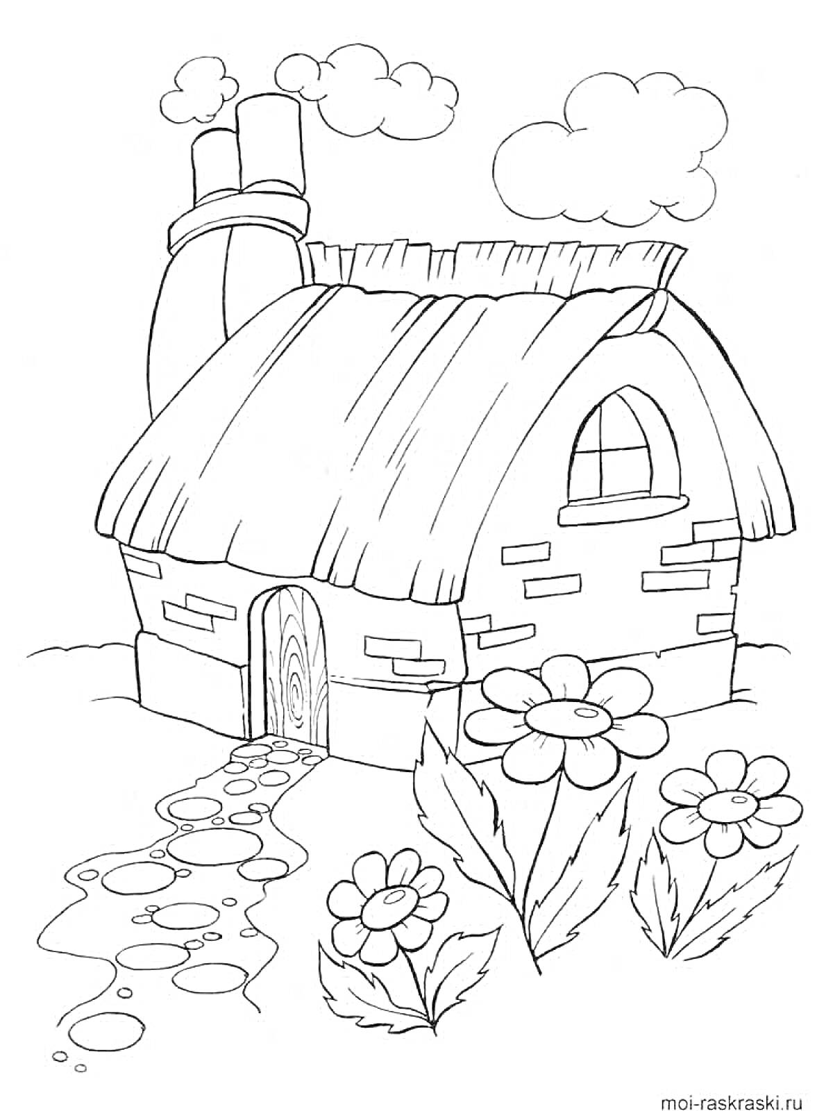 Раскраска Домик с соломенной крышей, облака, цветы и каменная дорожка