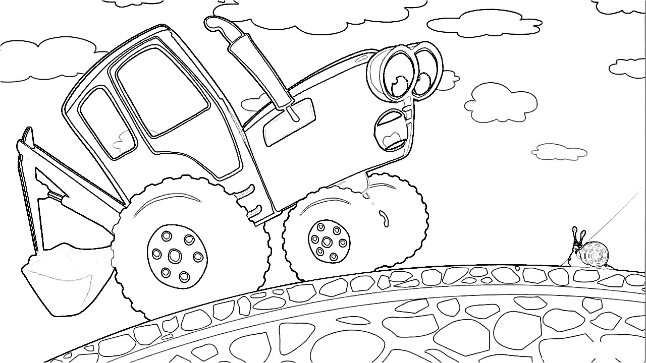 Синий трактор едет по каменному мосту и встречает улитку, на фоне облака