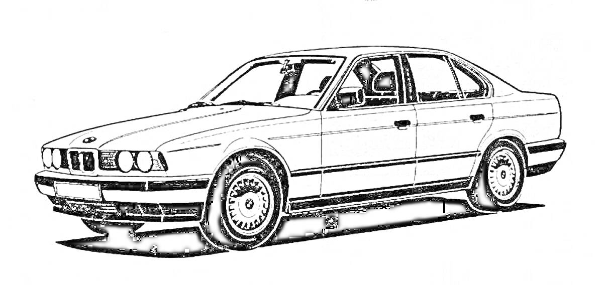 Раскраска BMW E34 в трёхчетвертном ракурсе со стороны водителя