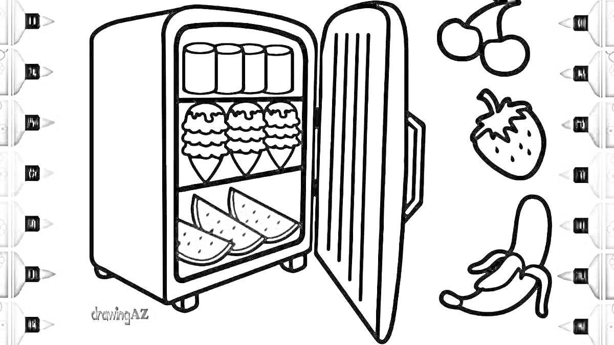 На раскраске изображено: Холодильник, Консервы, Мороженое, Фрукты, Вишня, Клубника, Банан, Для детей