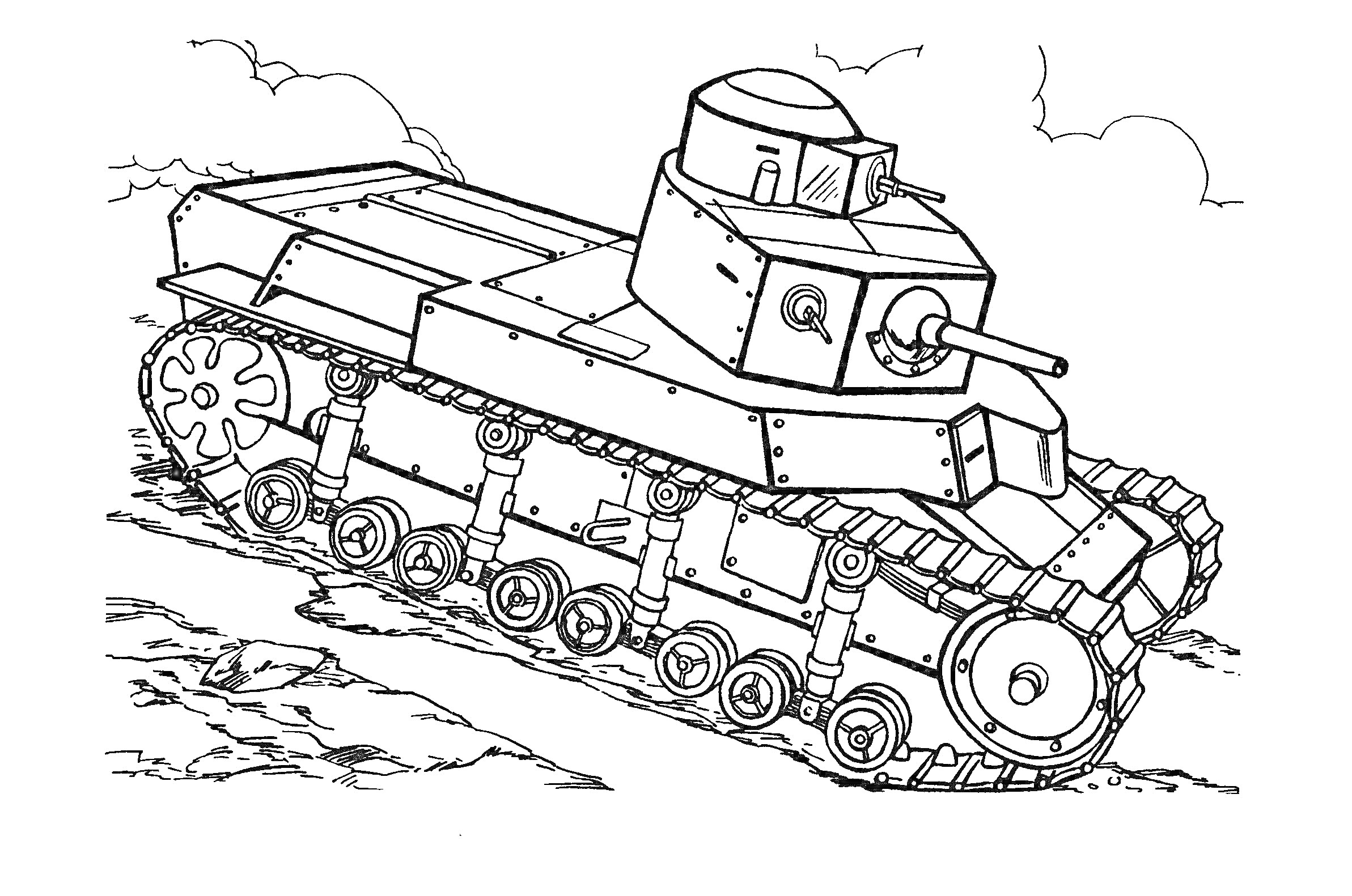 Иллюстрация гусеничного танка с башней на пересеченной местности, небо с облаками