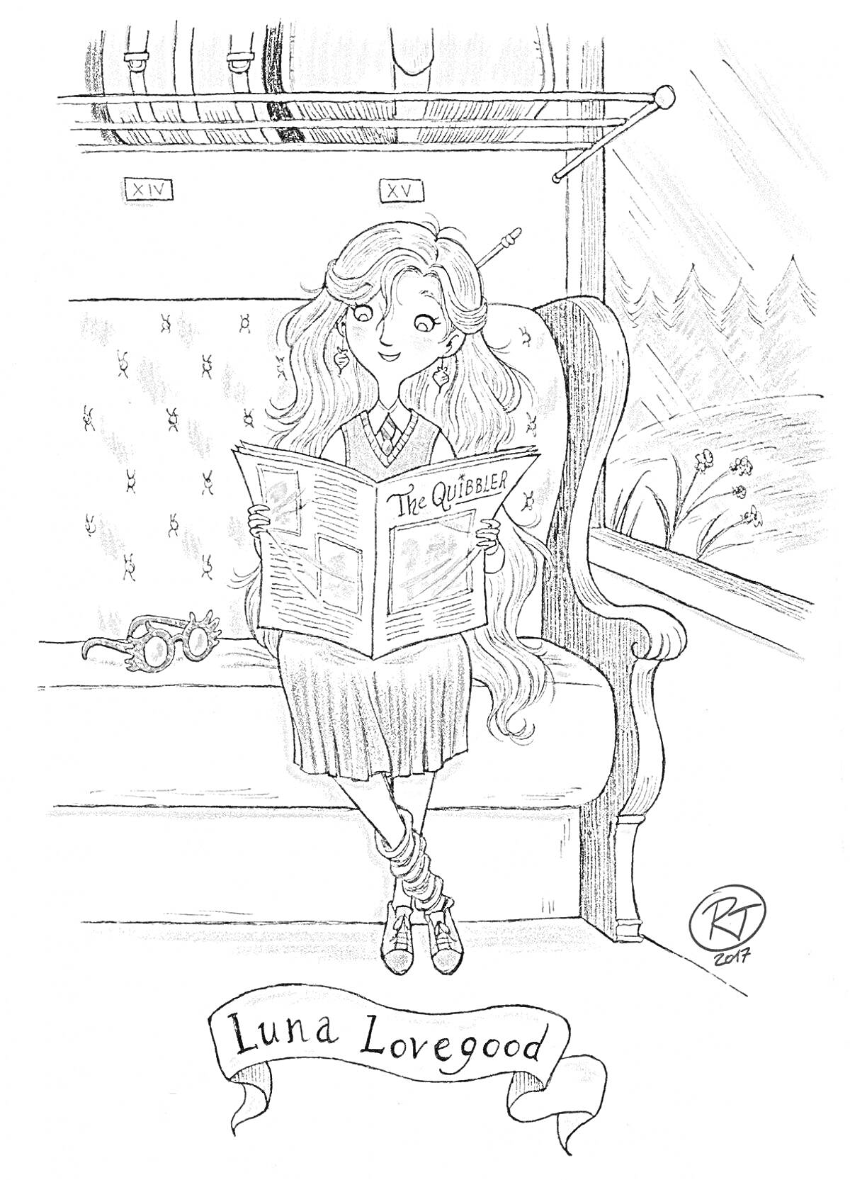 На раскраске изображено: Поезд, Журнал, Очки, Девочка, Длинные волосы