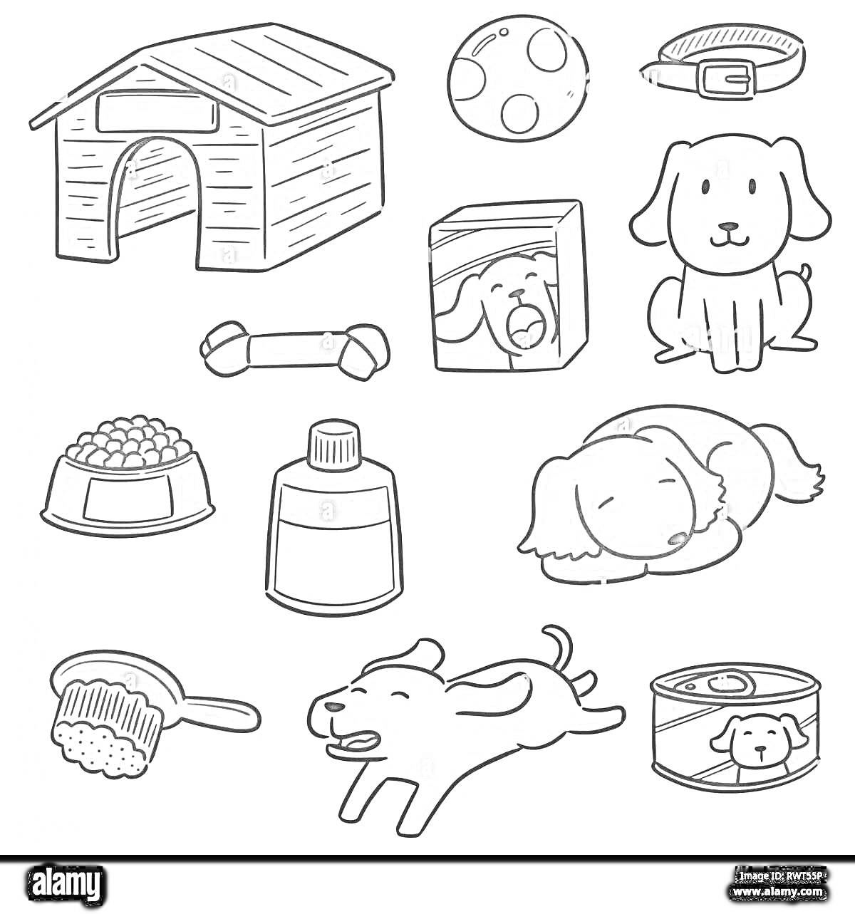 Раскраска Домик, мяч, ошейник, корм, косточка, шампунь, еда, щетка, собака, играющая собака, спящая собака, консервированный корм