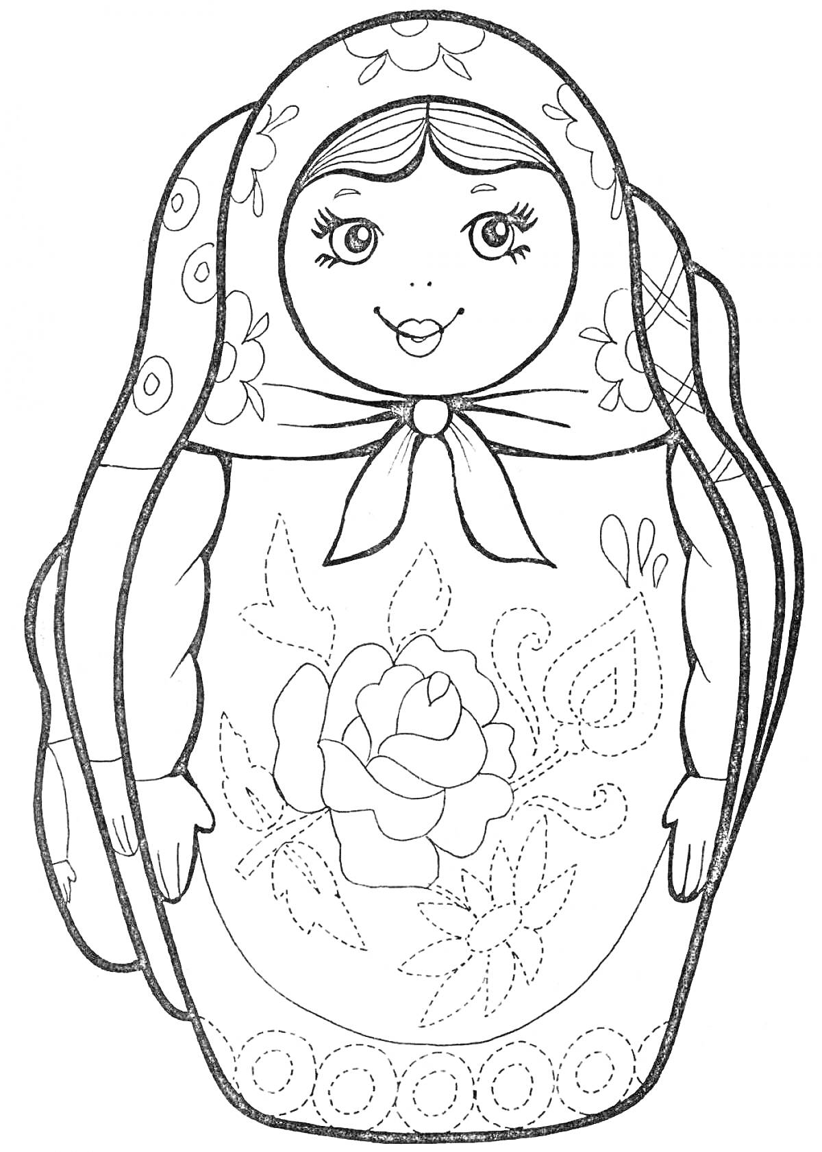 Раскраска Матрешка с узором в виде розы и ленты
