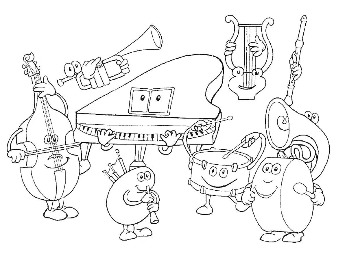 Раскраска Музыкальные инструменты для детей с персонажами: контрабас, труба, фортепиано, флейта, арфа, валторна, барабан, дудка