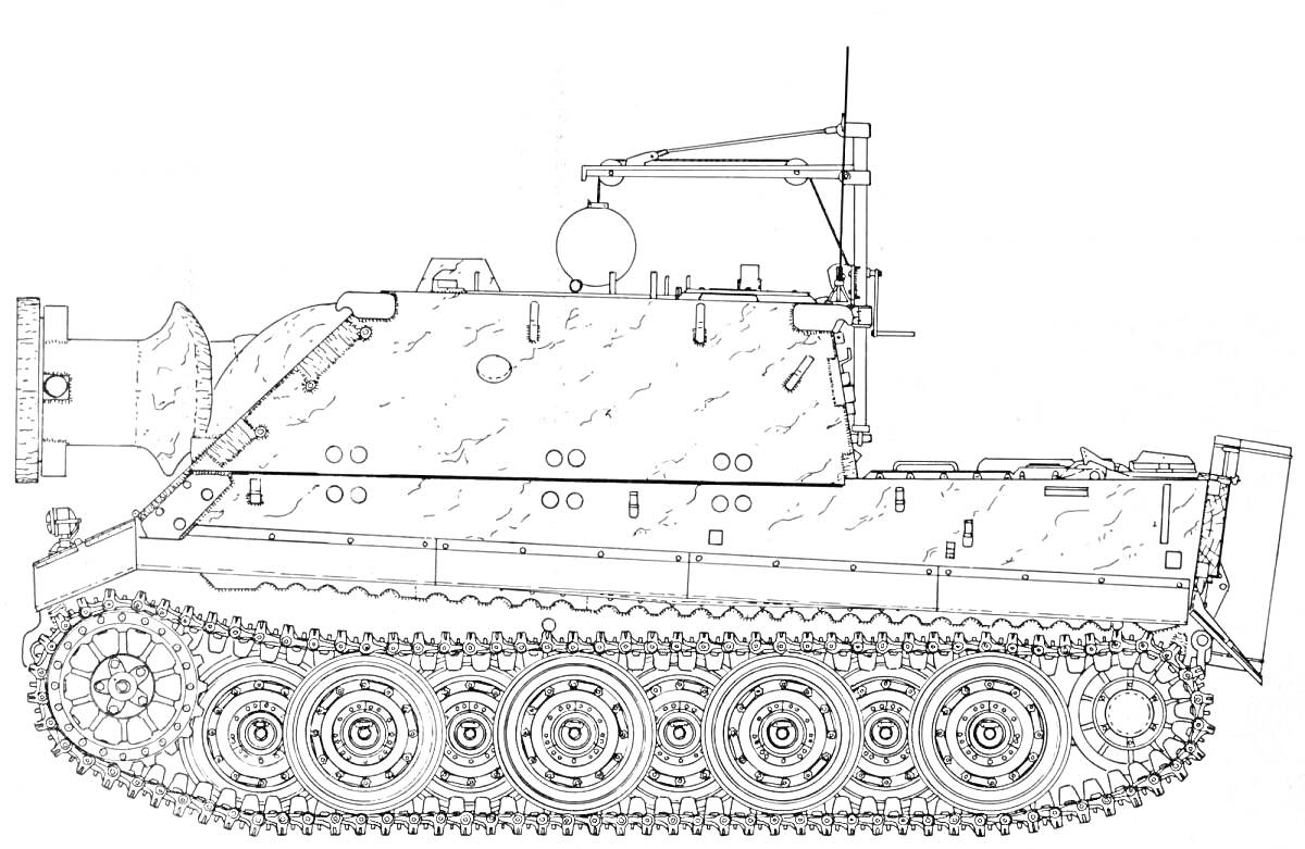 Немецкий тяжёлый штурмовой танк Sturmtiger с пушкой, гусеницами, антеннами, люками и другими деталями