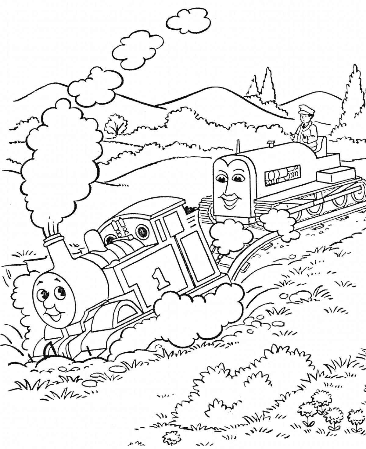 Раскраска Паровозик Томас и другой паровозик на железной дороге с машинистом, горы и облака на заднем плане
