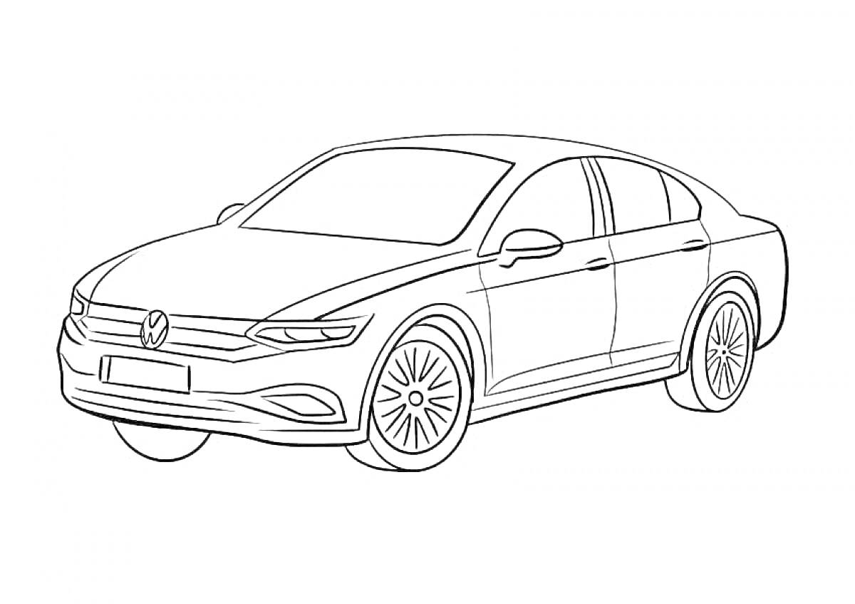 Раскраска Раскраска автомобиля Volkswagen Polo с передней частью, боковыми линиями, фарами и колесами