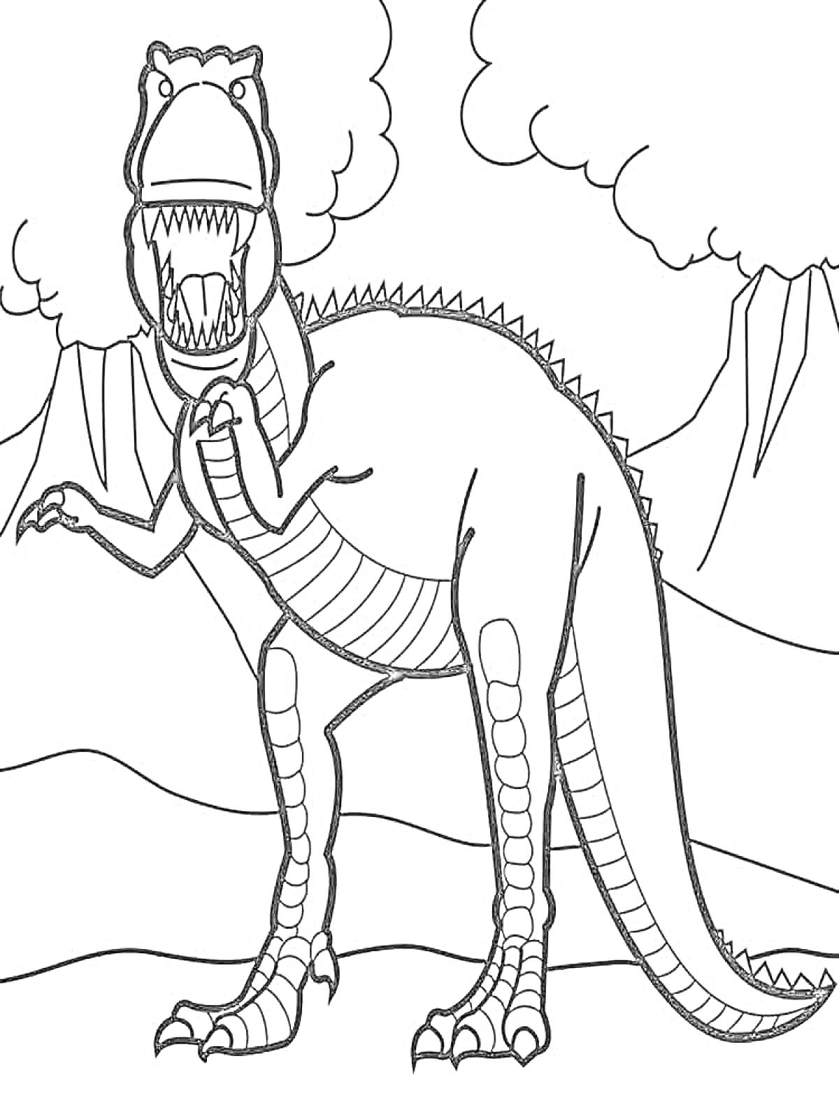 На раскраске изображено: Динозавр, Горы, Облака, Природа, Доисторическая эпоха, Тираннозавр Рекс