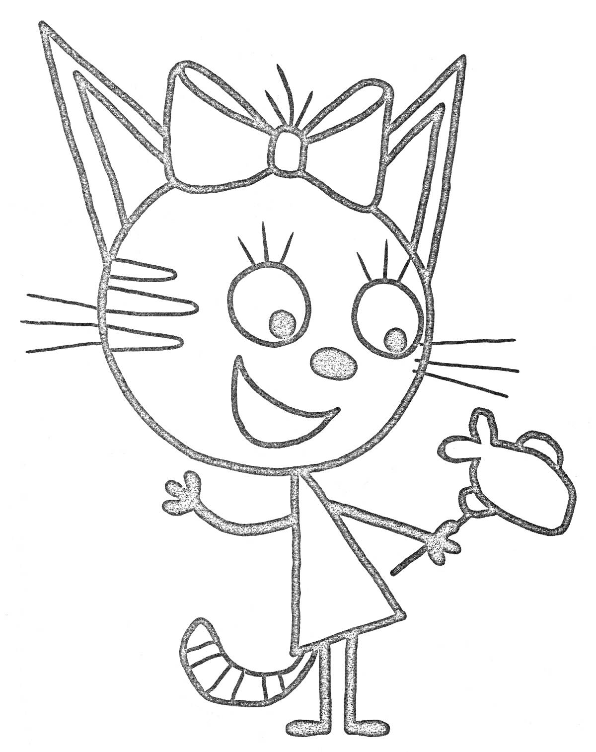 Раскраска котенок с бантом в платье держит игрушку мышку